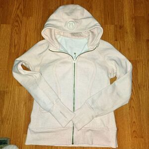 Lululemon Cream Zip-Up Scuba Hoodie Light Pink Hairtie Logo Quiet Lux Warm Sz 10